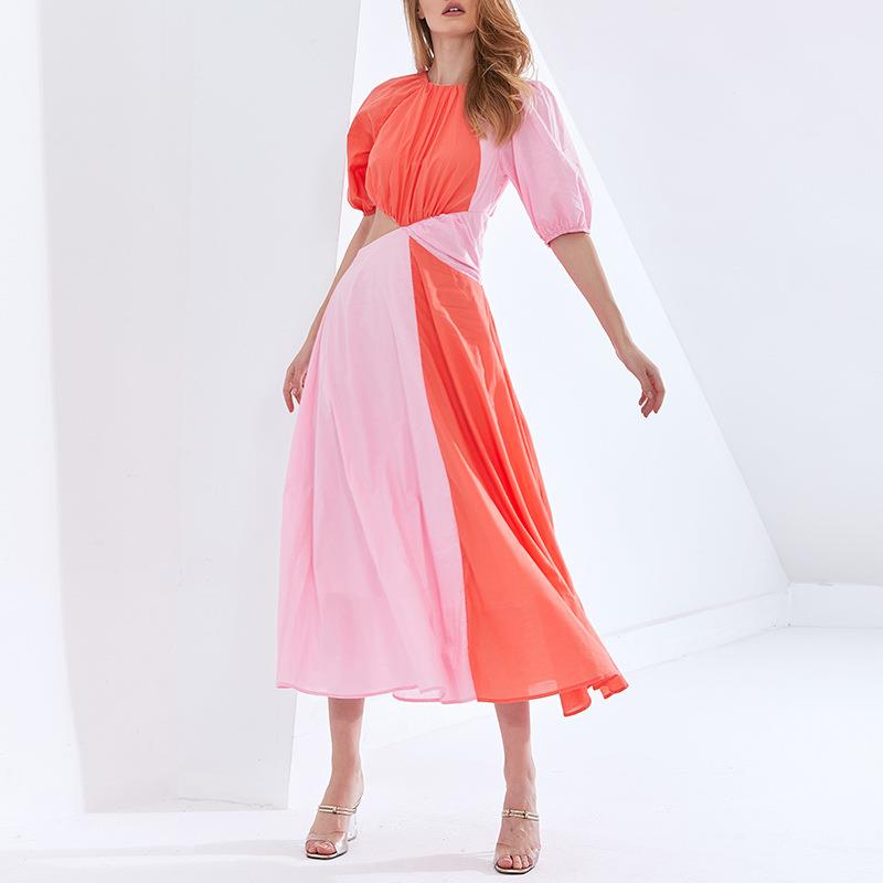 contrast fashion dress temperament waist short mid-length