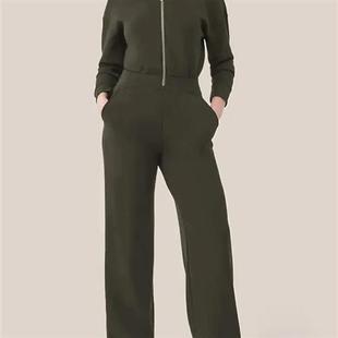 Lapel Wide Suit Leg Women Jumpsuit Zipper Sweater Bodysuit