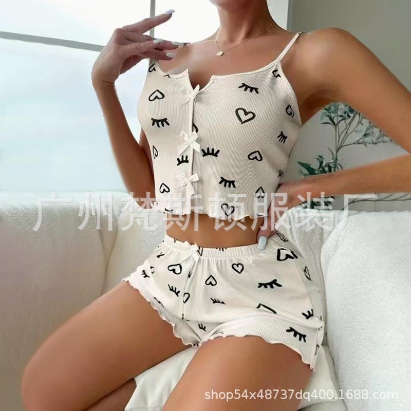 Pajamas Womens Shorts Trim Lettuce Top Halter Collared Set