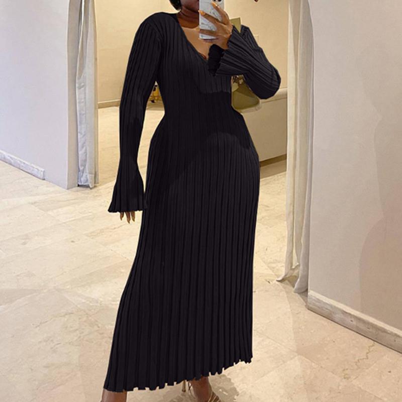 Ribbed knitted dress casual waist V-neck slim long skirt