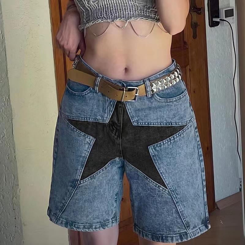 shorts denim patch star five-pointed color contrast loose