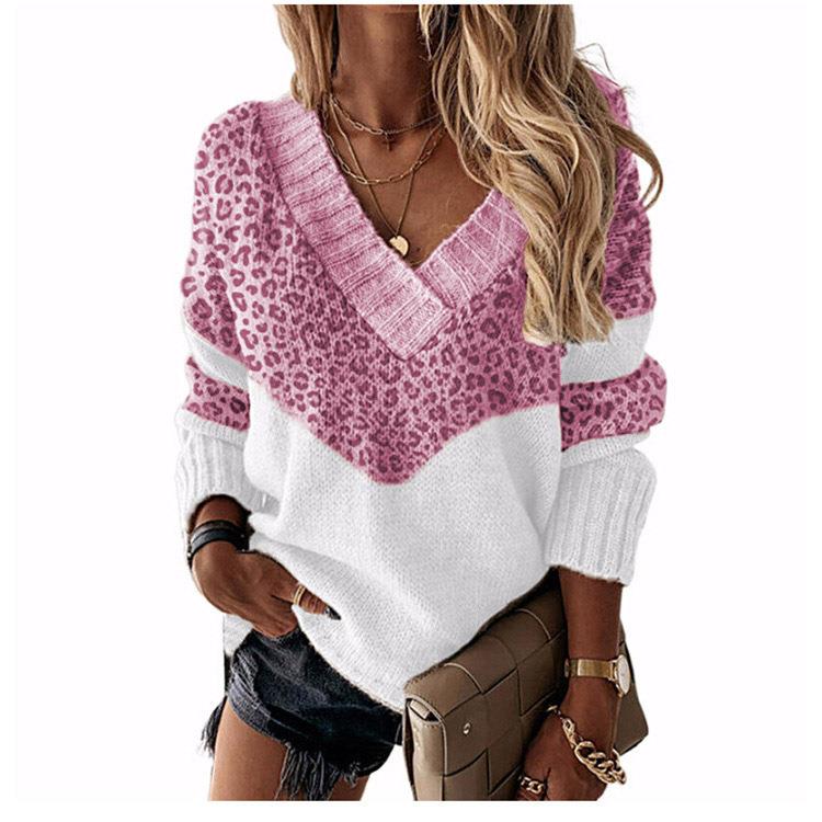 Sweater Color Block Striped Knitted Sweater Leopard Print
