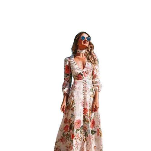 romantic floral deep v neck long sleeve swing maxi dress