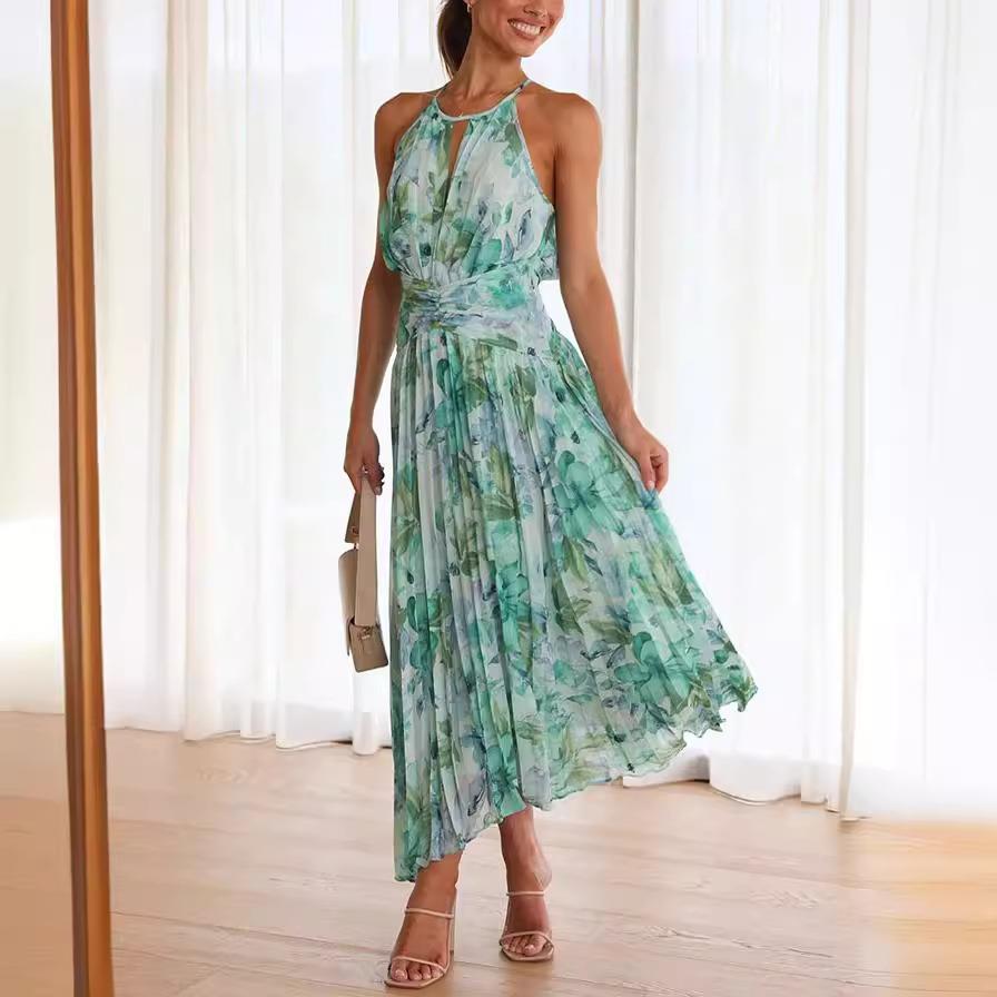 dress floral swing casual ladies dress boho halter green