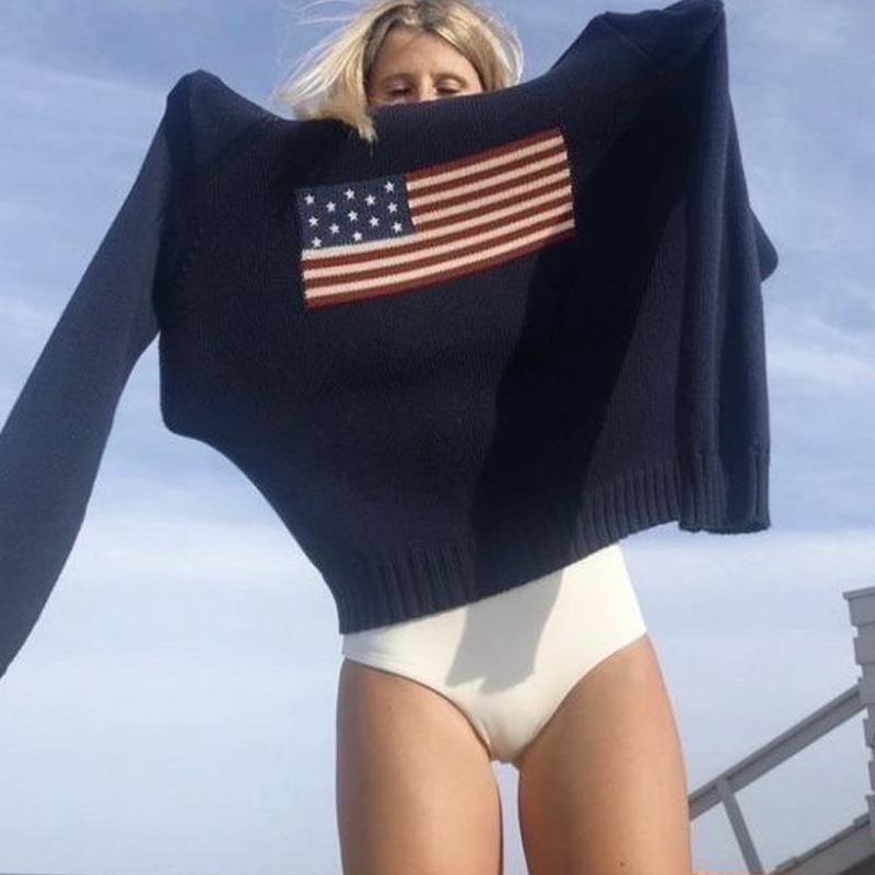 vintage loose flag sweaters casual long round neck fit knit