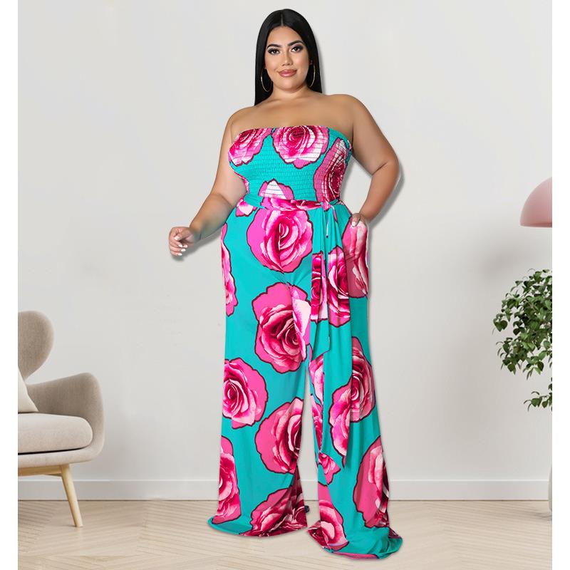 Plus size women's cool sleeveless rose tube top jumpsuit