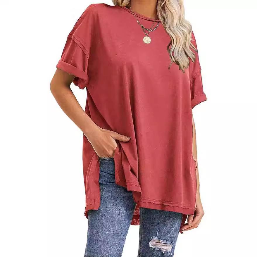 Womens sides solid loose color with round both neck T-shirt