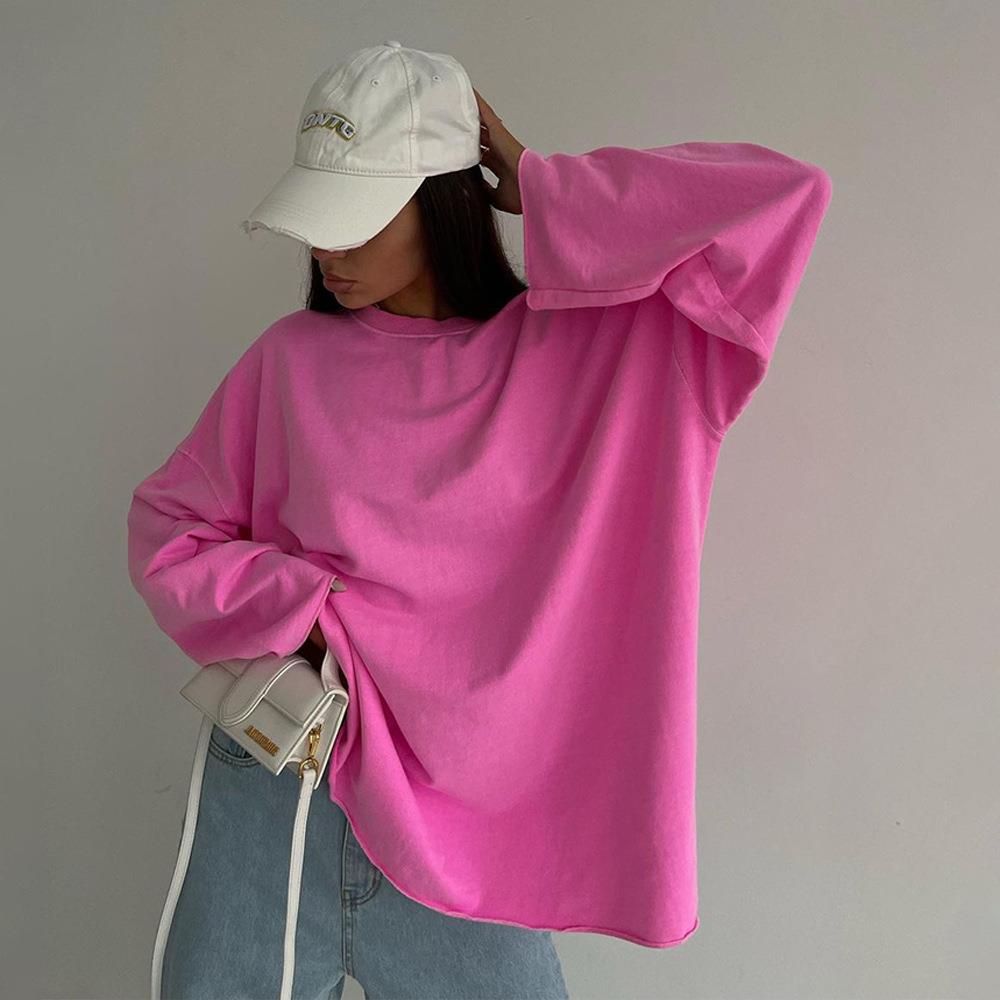 Spring womens pink long-sleeved loose solid color knitted