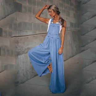 Ladies Pocket Sleeveless Overalls Denim Loose Womens Side