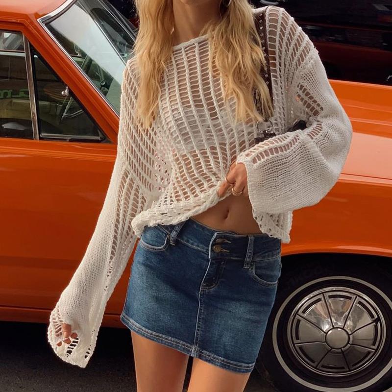 womens sexy hollow womens long sunscreen shirt casual