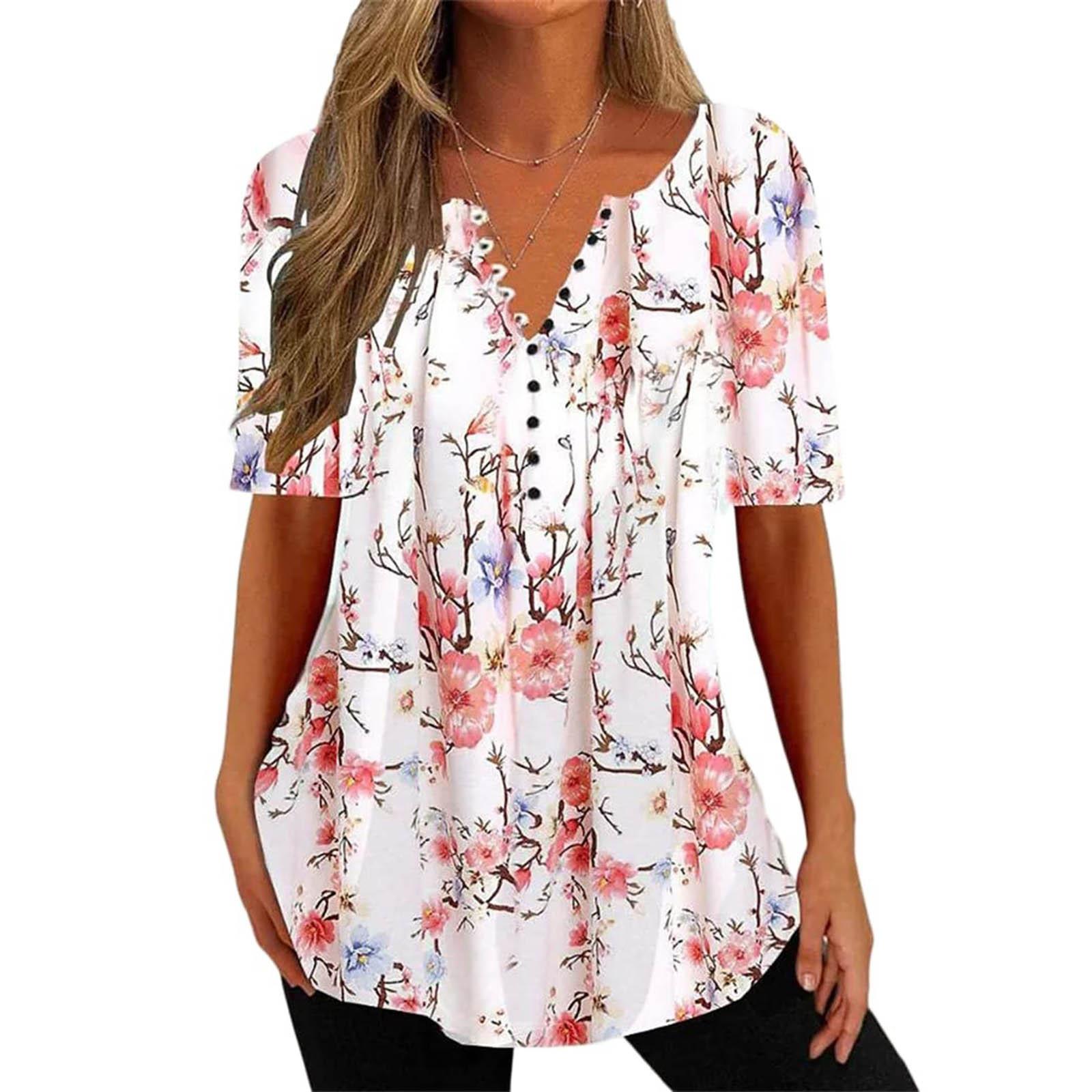 Womens Digital V-Neck Button Short Sleeve Top