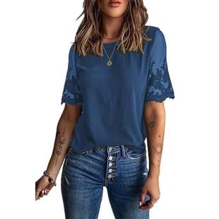neck shirt chiffon Women lace short round sleeve