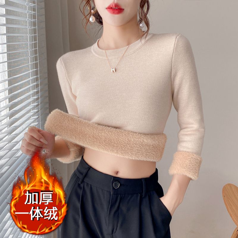 加绒加厚圆领一体绒毛衣女上衣