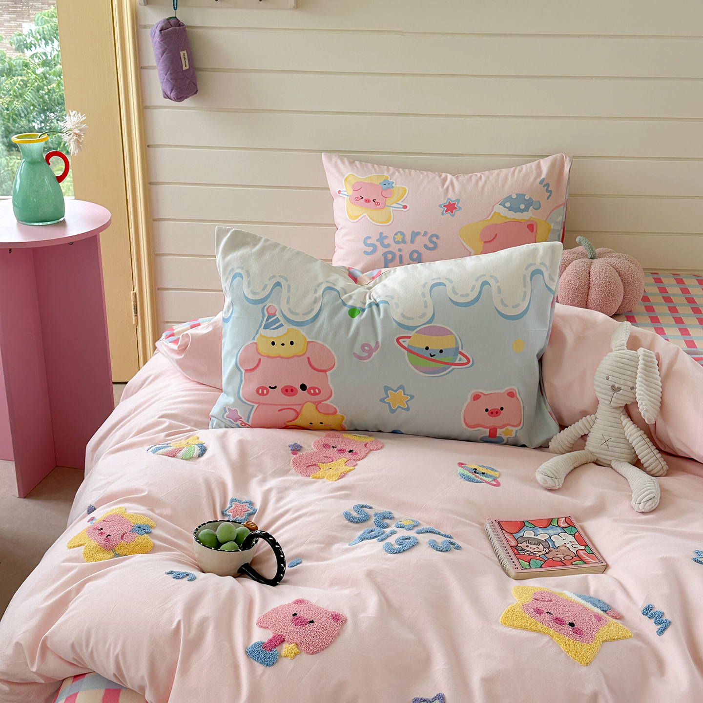 星星小猪猪纯棉磨毛四件套全棉毛巾绣宿舍单人床单被套1.5m米床笠