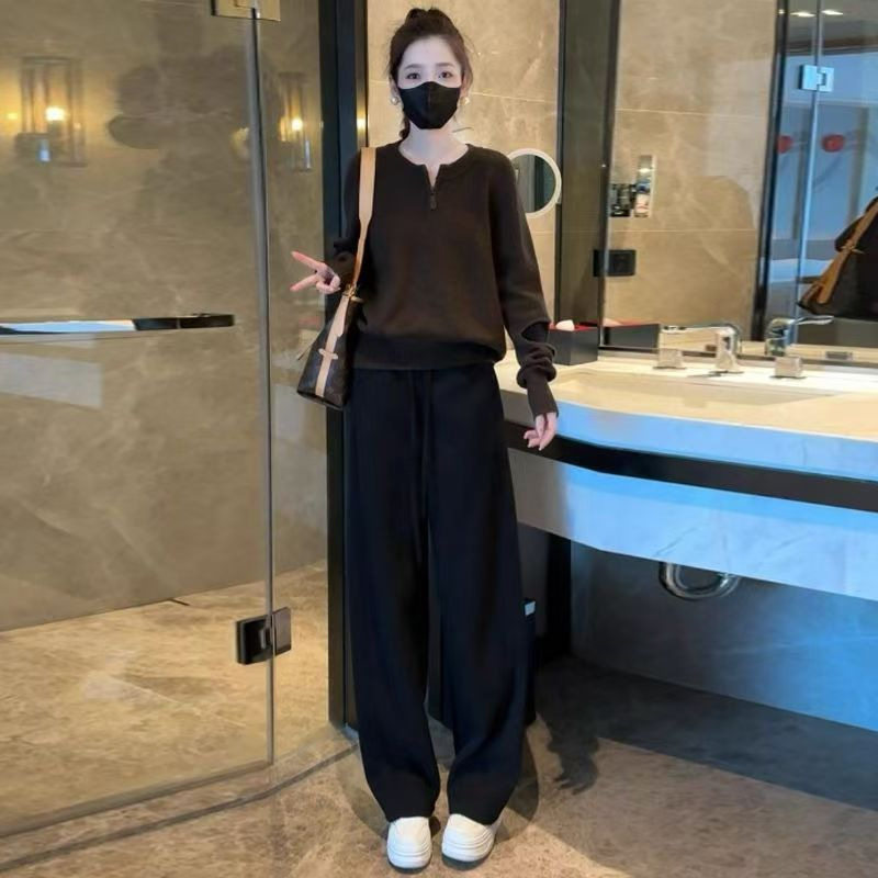 韩式慵懒chic套装时尚洋气长袖上衣高腰休闲裤秋冬穿搭炸街两件套
