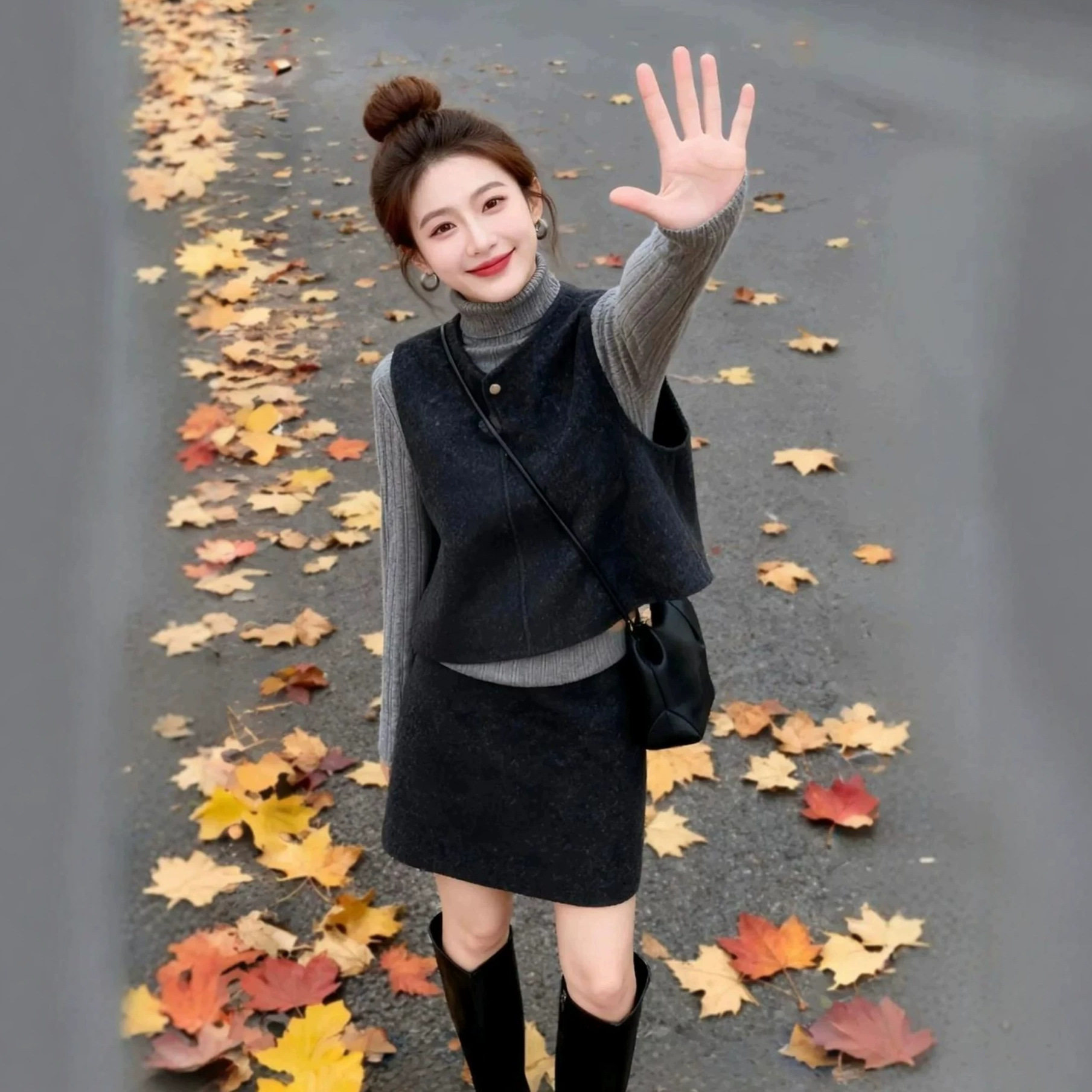 一整套无袖马甲毛呢外套女2026超火秋冬针织短款半身裙三件套装