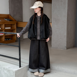 女童秋季套装2025新款女大童时髦洋气儿童休闲秋装皮衣马甲三件套