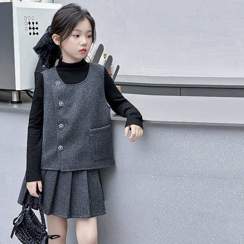 女童小香风套装秋冬装2026新款洋气时髦女孩马甲背心半身裙三件套