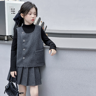 女童小香风套装秋冬装2026新款洋气时髦女孩马甲背心半身裙三件套