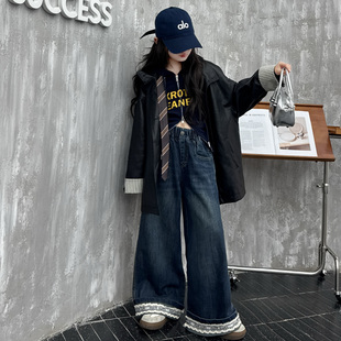 皮衣外套打底衫 阔腿裤 套装 牛仔裤 三件套 女大童儿童秋装 女童春秋款