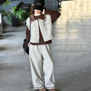 女童套装秋装2025新款大童洋气皮衣马甲儿童春秋时髦阔腿裤三件套