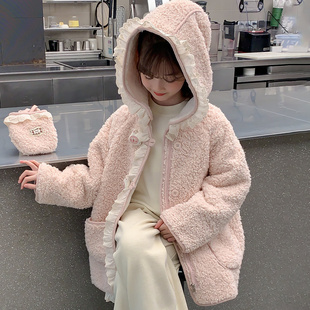 女童加绒外套秋冬款2025新款冬季儿童毛毛衣中长款女孩羊羔毛冬装