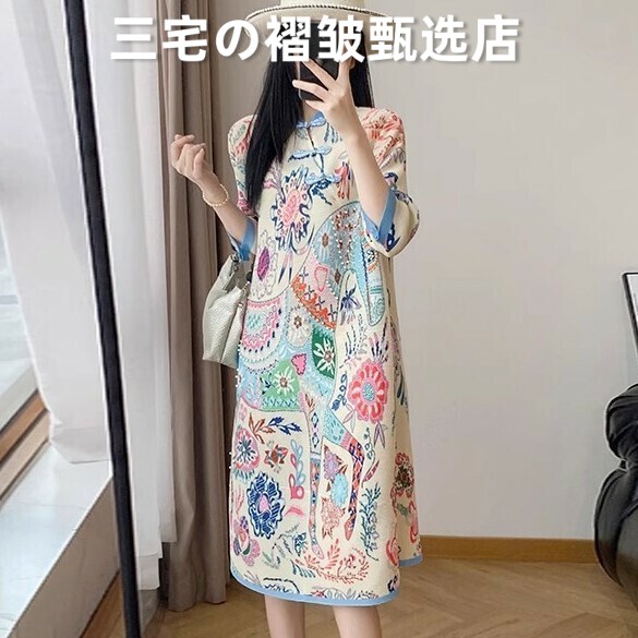 日本三宅风系列褶皱连衣裙复古印花七分袖A字裙中式气质旗袍裙