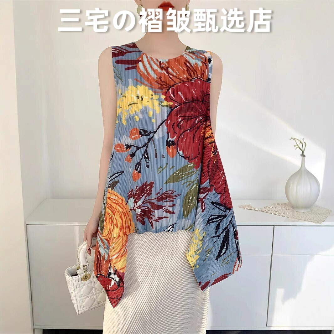 三宅风系列褶皱无袖T恤背心上衣