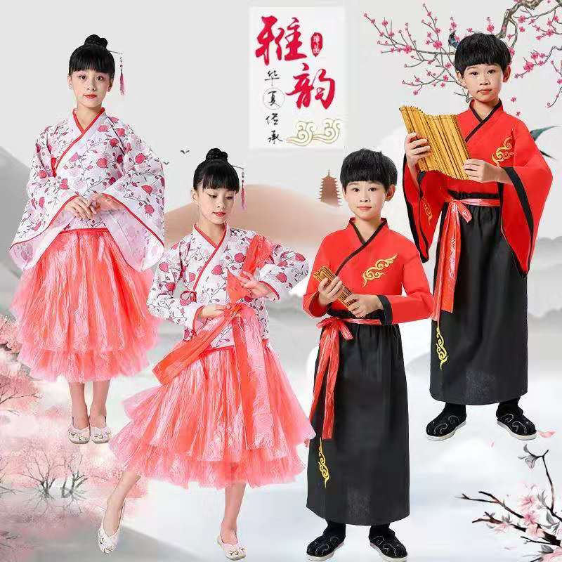 定制 环保时装秀衣服幼儿园儿童古装汉服女走秀自制亲子走秀汉服
