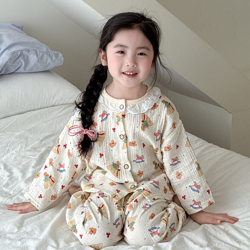 春装女宝宝睡衣宽松韩版夏季家居服薄款纯棉纱套装女孩儿童空调服