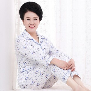 老太太春季长袖睡衣女奶奶纯棉翻领衣服开衫系扣老人碎花女装夏装
