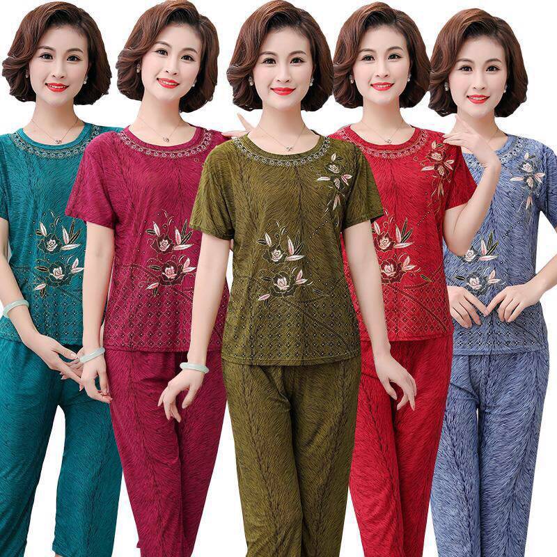 奶奶薄款冰丝睡衣裤老人短袖套装奶奶套头女装夏装透气时尚加大码