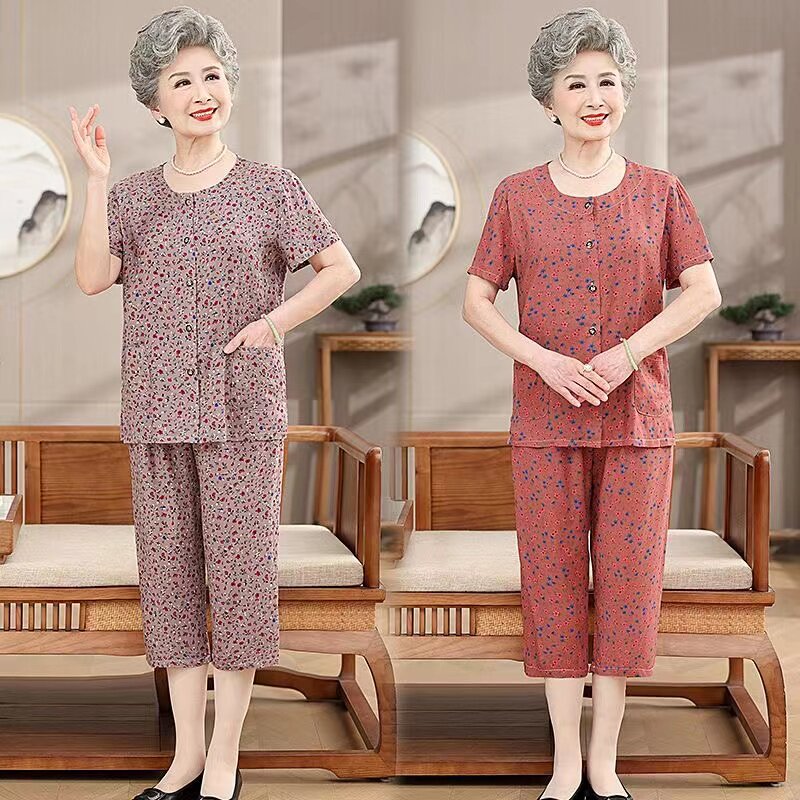 妈妈开衫短袖夏装衣服两件套小碎花中老年女装纯棉绸婆婆休闲睡衣