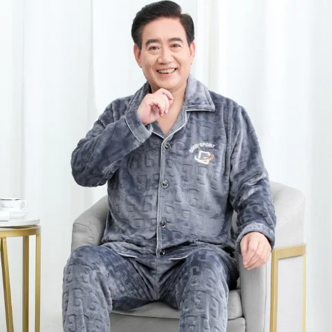 爷爷秋冬法兰绒外套睡衣加肥大码