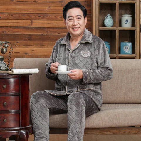 秋冬季睡衣爸爸装法兰绒加厚外套