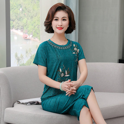 4050岁妈妈冰丝女装夏装中年妇女士薄款短袖T恤阿姨套头圆领衣服