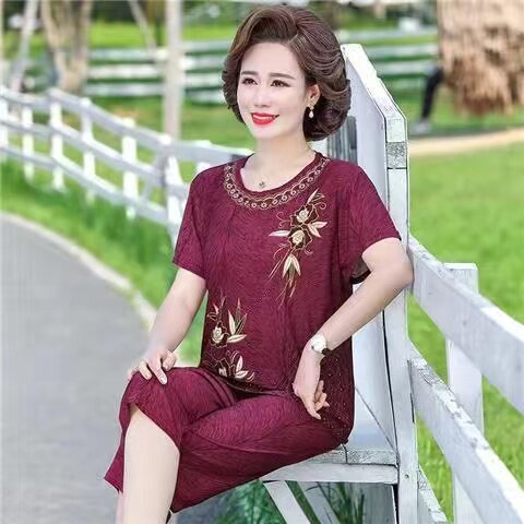 奶奶夏装短袖套装中老年人女装妈妈t恤老人冰丝两件套睡衣家居服