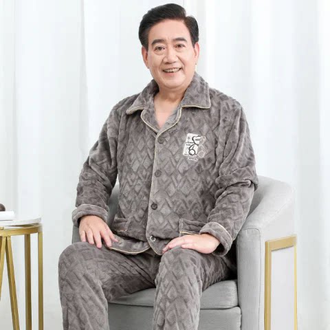 秋冬季老年家居睡衣男保暖珊瑚绒