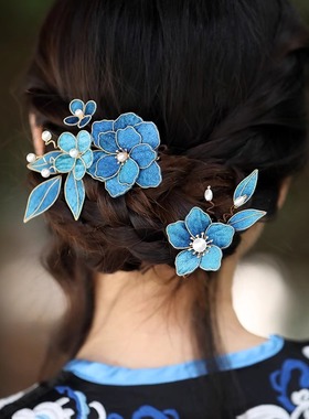 清汉女头饰手工掐丝蓝色布绒花朵簪子日常盘发中式秀禾旗袍配饰