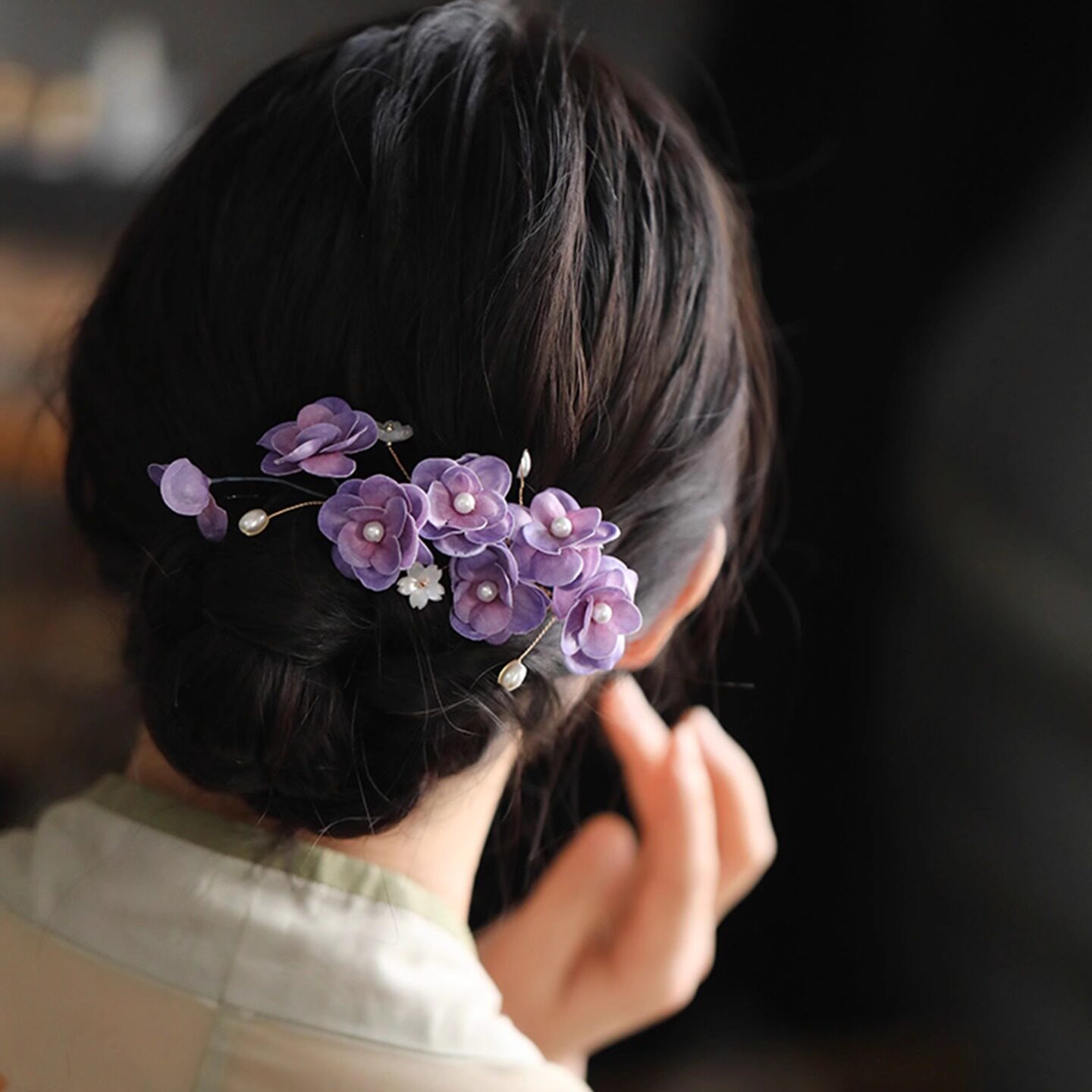 古风紫色花朵发饰边夹超仙古典舞头饰汉服旗袍盘发后压配饰夹子女