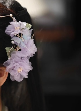 仙美绢纱烫花古风花朵侧边发夹森系紫色蝴蝶唐风汉服发饰女百搭