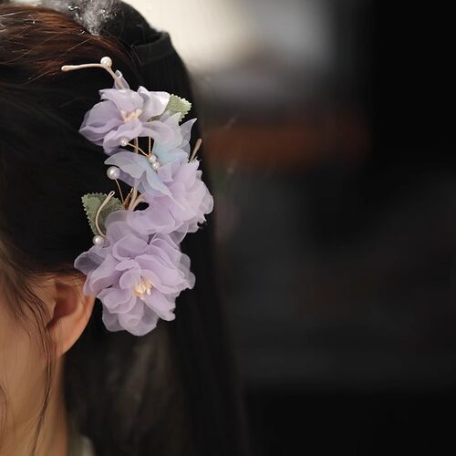 仙美绢纱烫花古风花朵侧边发夹森系紫色蝴蝶唐风汉服发饰女百搭