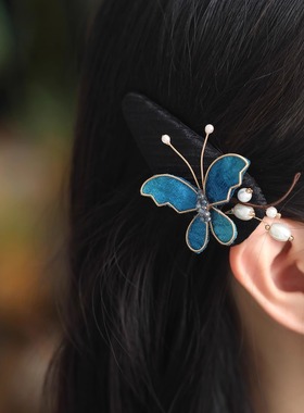 古风气质新中式蓝色蝴蝶刘海发夹女前额侧边夹子2025新款高端bb夹