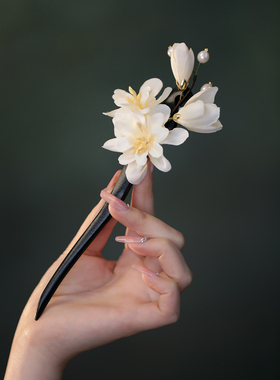 素雅白色花朵木簪头饰丸子头盘发簪子女古风 布花旗袍头饰发饰