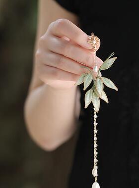 压襟竹叶茶服挂件小众设计感