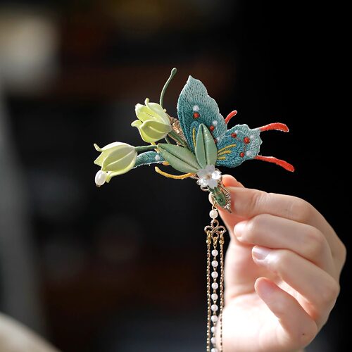 手工缠花绿色花朵步摇发夹长流苏古典刺绣蝴蝶高级感盘发夹子发饰