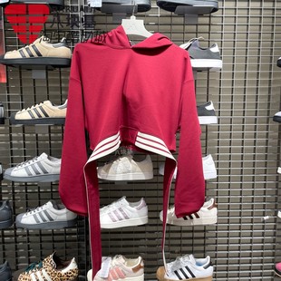 阿迪达斯女装2026春新年款运动休闲红色宽松连帽卫衣套头衫KX4643