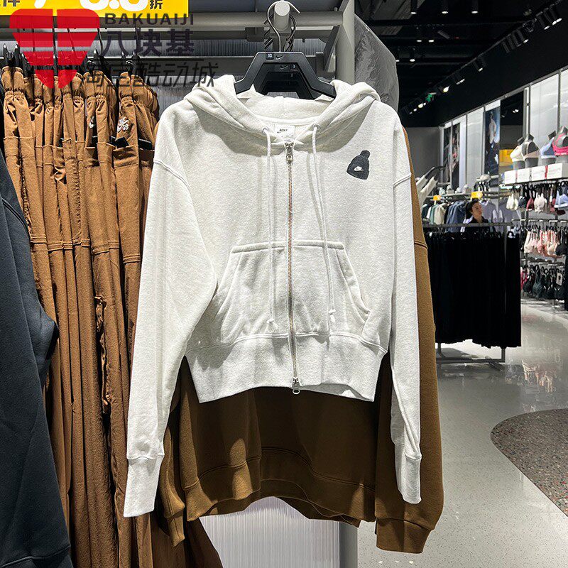 耐克女装2025冬季款刺绣灰色开衫卫衣短款连帽夹克外套IO0490-051