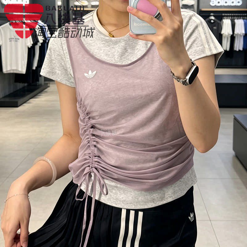 三叶草女假两件透视网纱短袖T恤