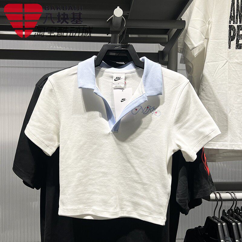 耐克女装2026夏季白蓝撞色花体刺绣修身翻领POLO衫短袖IR7565-100